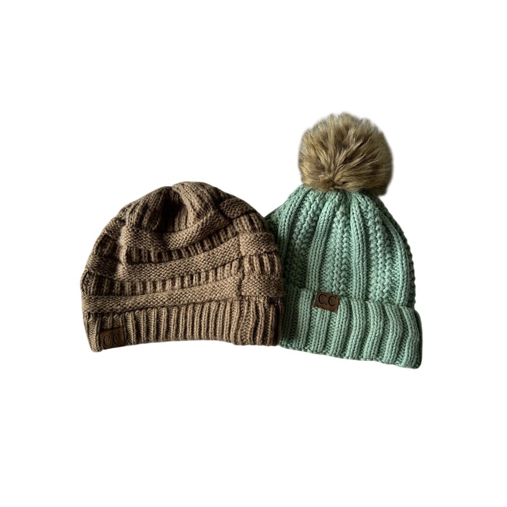 C.C Beanie Bundle Women’s Knit Winter Hats Tan Mint Pom Pom Cable Knit